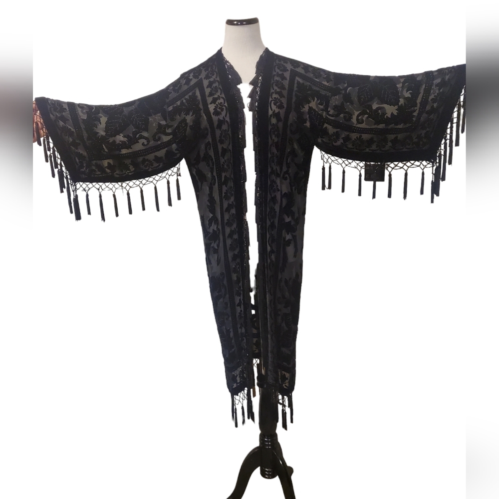 VINTAGE Touch of class fringed sheer kimono duster boho festival silk - Picture 5 of 11